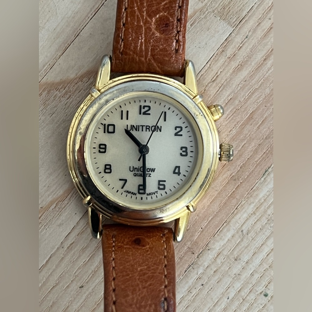 Unitron UniGlow Ladies Watch Leather Strap Light Gold Tone Dial Gold Case